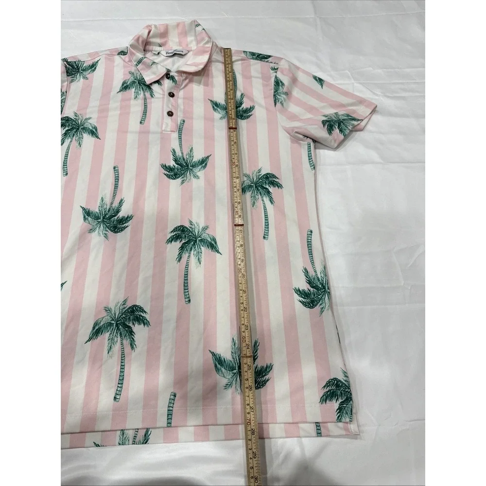 Kenny Flowers Polo Shirt Mens Sz M Pink White Palm Tree Stripe Stretch Portugal